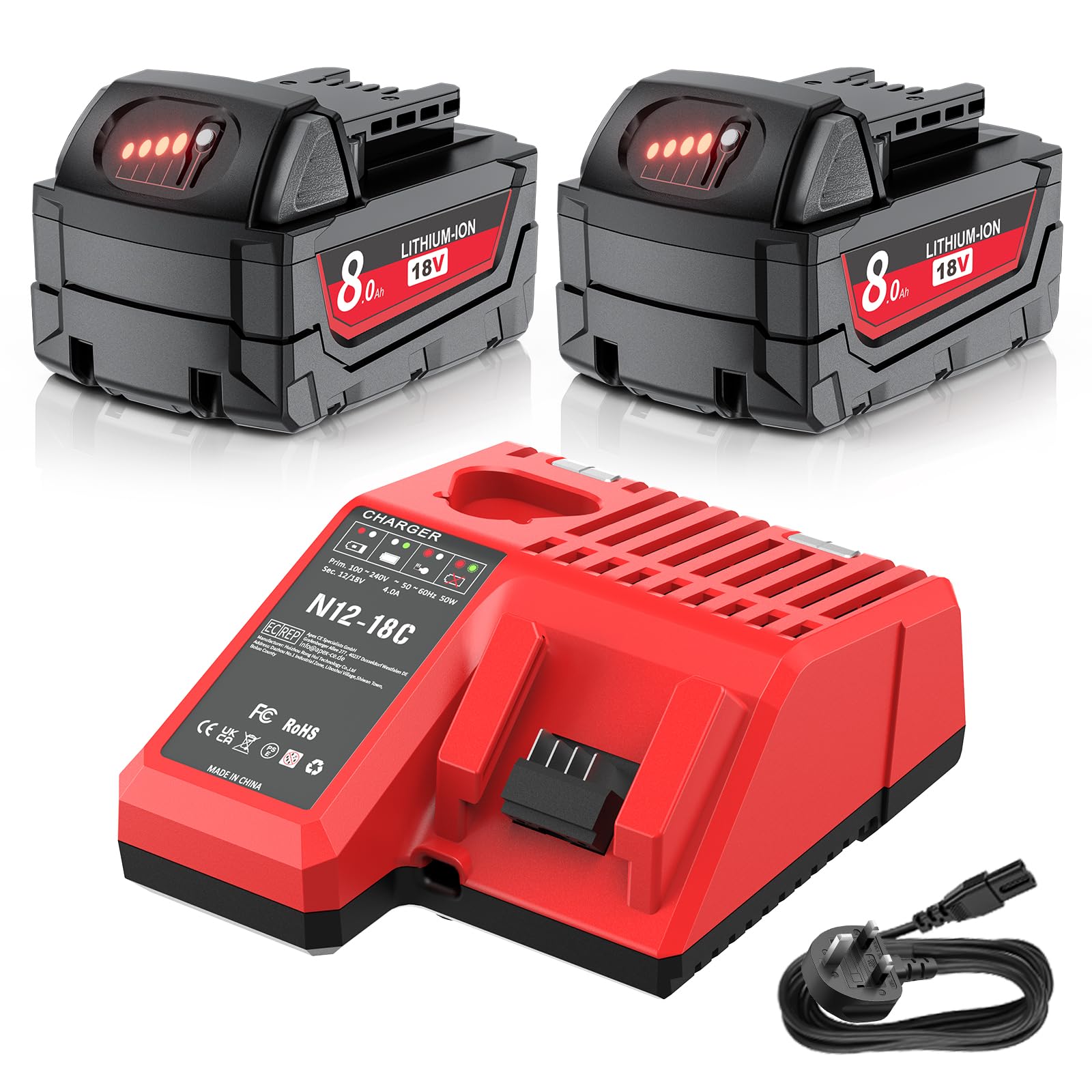 2x8.0Ah for Milwaukee M18 Battery with Charger, for Milwaukee 18V Battery