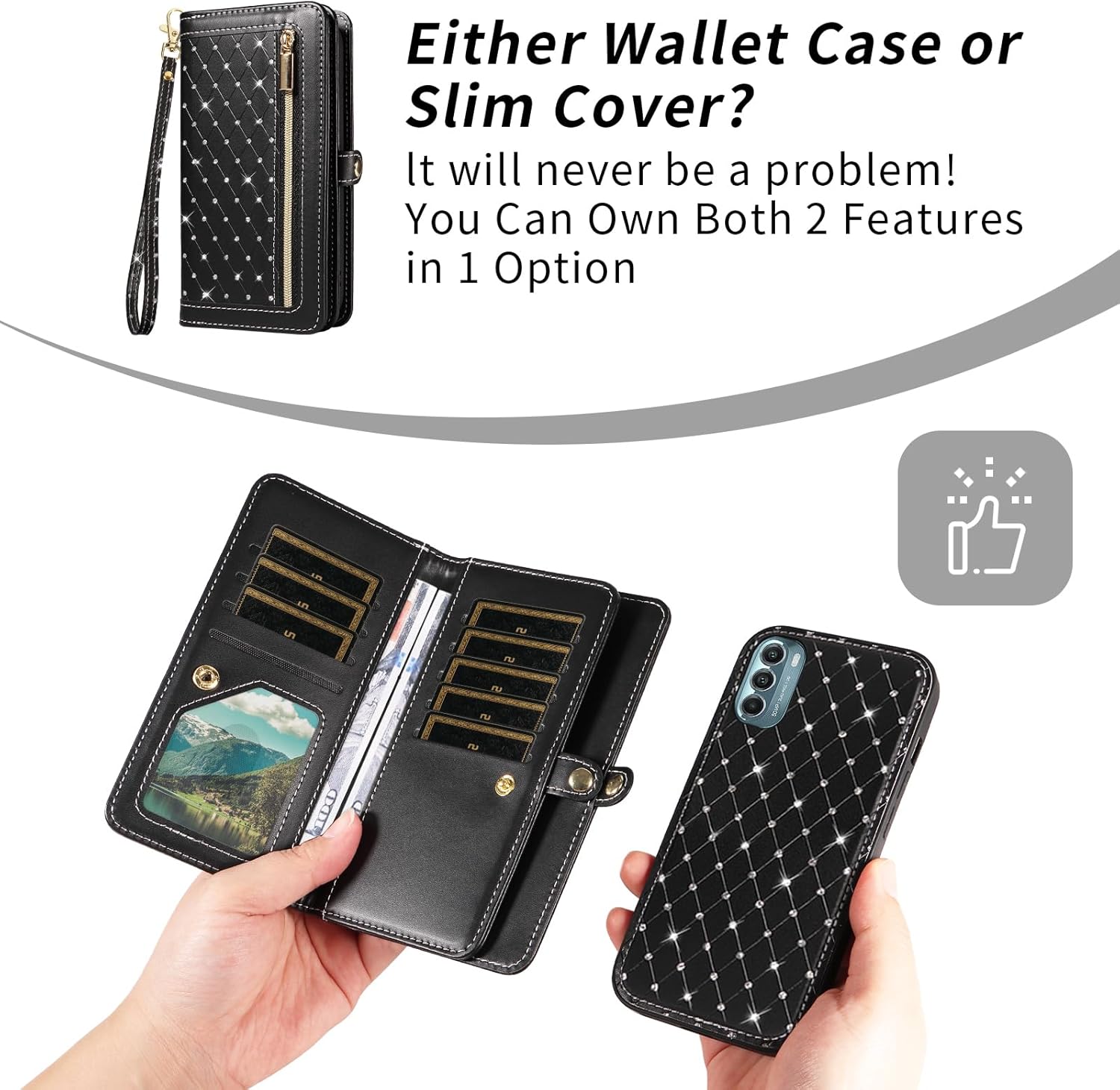 Asuwish Phone Case for Motorola Moto G Stylus 5G 2022 Zipper Wallet Detachable Cell Cover with Screen Protector Crossbody Strap Bling Flip Credit Card Holder XT2215-1 XT2215-4 XT2215DL Women Men Black