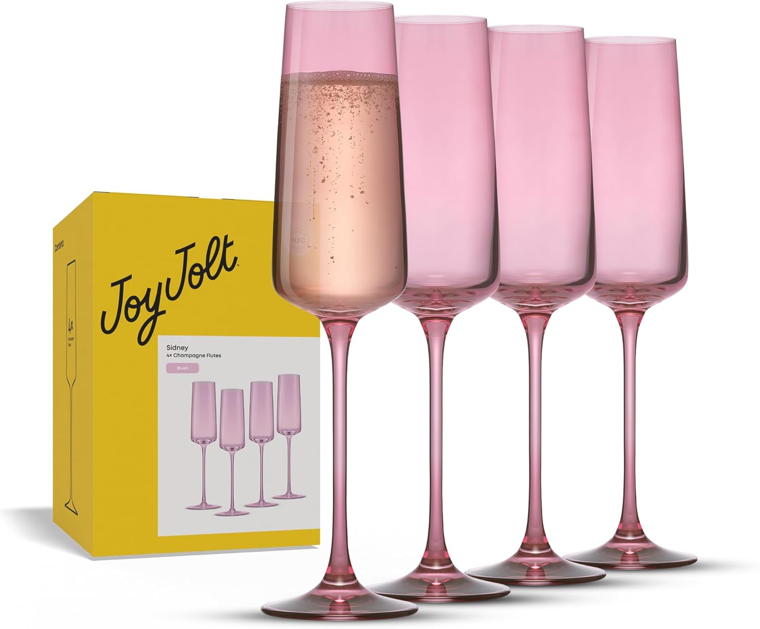 JoyJolt Sidney Stemmed Champagne Flutes Set of 4 | 7 oz Modern Champagne Glasses for Prosecco, Rose, Sparkling Wine, Mimosa, Cocktail | Premium Crystal Made in Europe | Blush Pink Colored