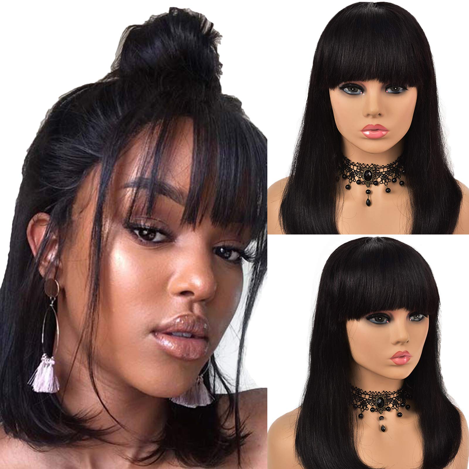 Short Bob Human Hair Wigs with Bangs Straight Bob Wigs Virgin Human Hair Short Bob Wigs For Women Glueless Machine Made Wigs Natural Color 10"