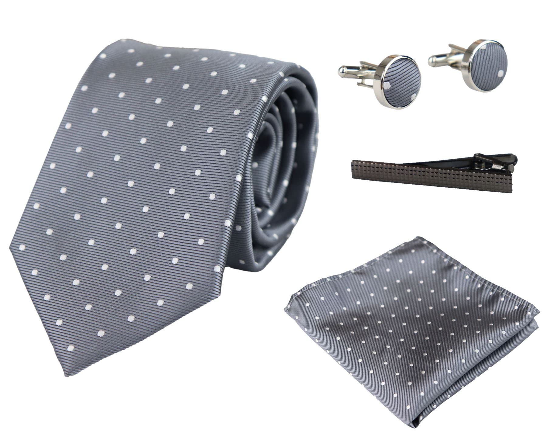 Set Regalo Raso a Pois con Cravatta Gemelli Fazzoletto Fermacravatta - argento Taglia unica