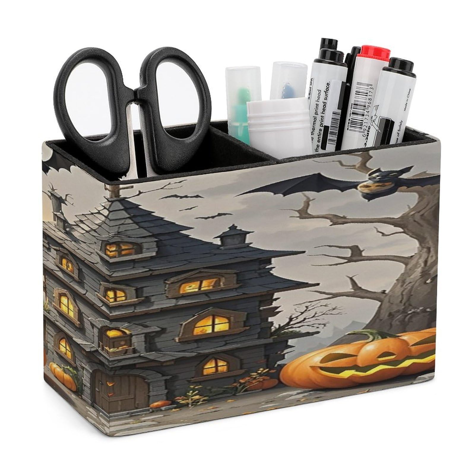 LZQPOEAS Pumpkin Haunted House Leather Pen Holder with 2 Compartments Luxury Pencil Holder Minimalist Pencil Cup Brush Scissor Holders Elegant Pen Cup for Office Home Desk Accessories