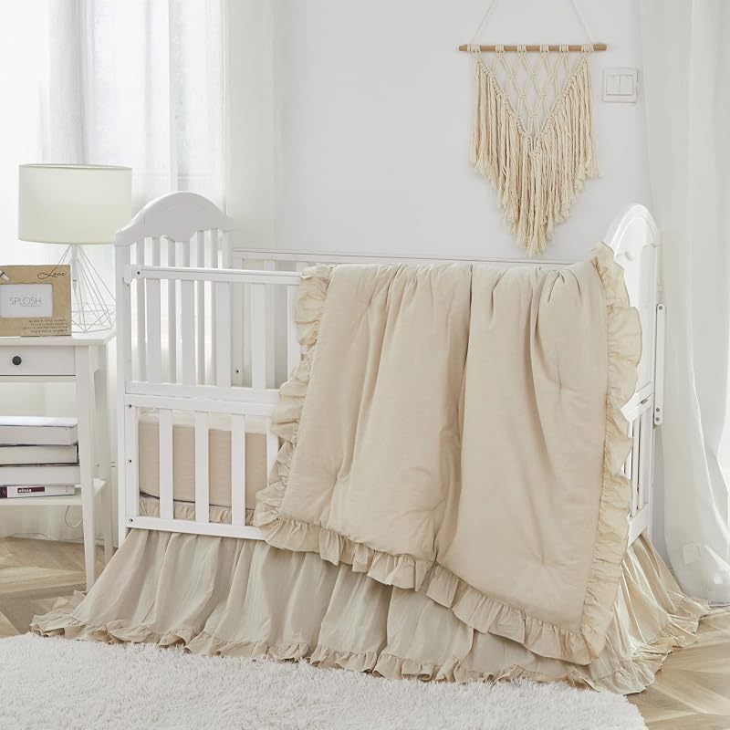 Gender Neutral Boho Bohemian Baby Girl Boy Nursery Crib Bedding Set 3 Pieces Solid Beige Farmhouse Chic Ruffle Unisex Cozy 100% Washed Cotton