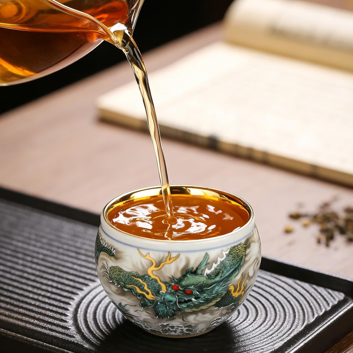 Minya Konka Chinese Dragon Tea Cup, 24K Gold Plated Rim Porcelain Espresso Cup, 5.1 oz Hand-Painted Ceramic Tea Cup with Embossed Green Dragon, Luxury Gift Set in Gift Box