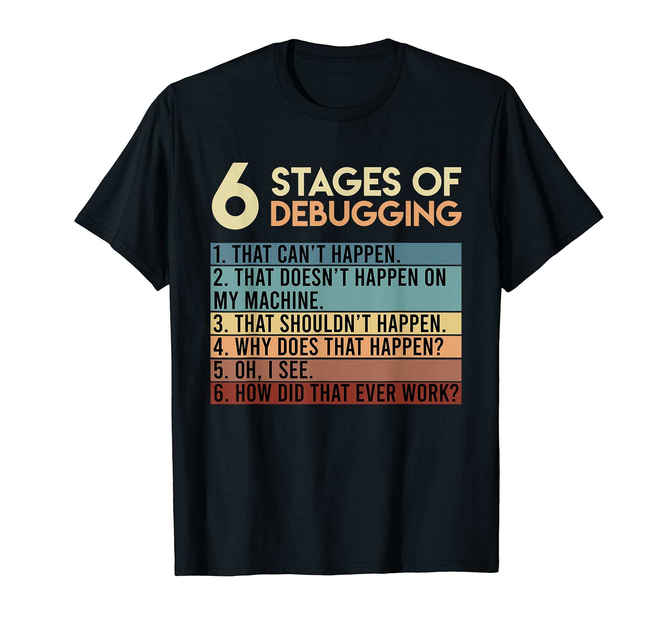 Programmer System Admin IT Code Developer ShirtCoder Computer Scientist 6 Stages of Debugging Programmer T-ShirtOEKO-TEX STANDARD 100