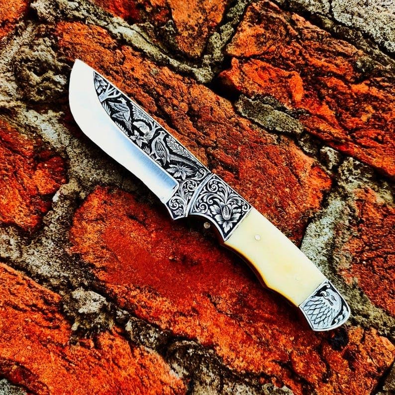 Handmade Engraved Hunting Knife with Pheasant and Eagle Design Bone Handle Skinner Blade