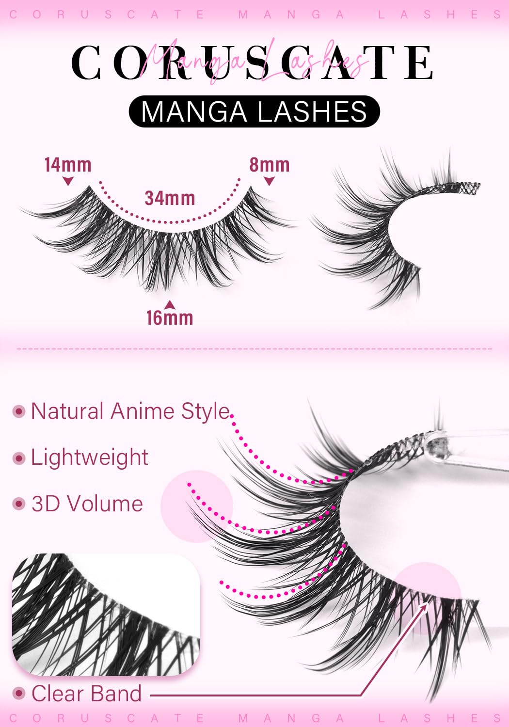 Natural Look Eyelashes Manga Lashes Clear Band False Eyelashes 8-15mm Cat Eye Lash Strips Aisan Anime Fake Eyelash Look Like Lash Extension Spikes Lashes Wispy by CORUSCATE - Image 3