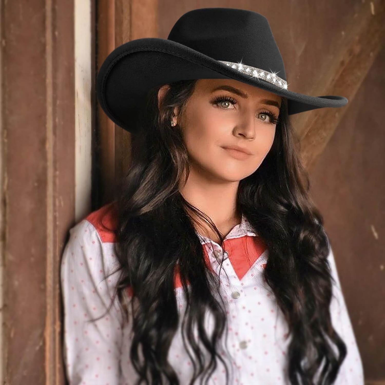 DRESHOW Western Cowboy Hat for Women and Men Wide Brim Glitter Cowboy Cowgirl Hat with Rhinestone Felt Fedora Hats - Image 2