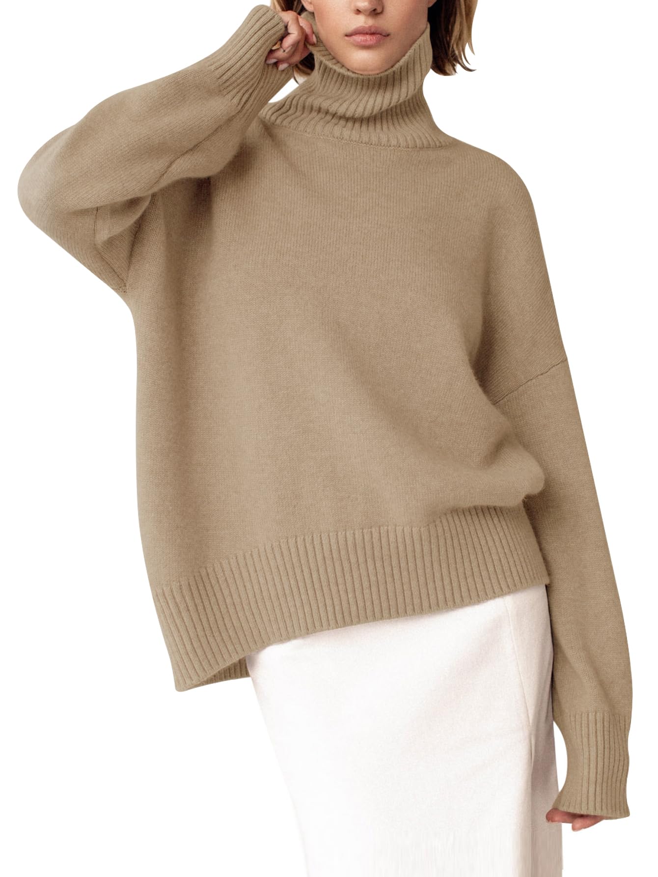YKR Women's Turtleneck Sweater Chunky Long Sleeve Knitted Pullover High Low Hem Sweater Jumper Top Darkapricot XXL