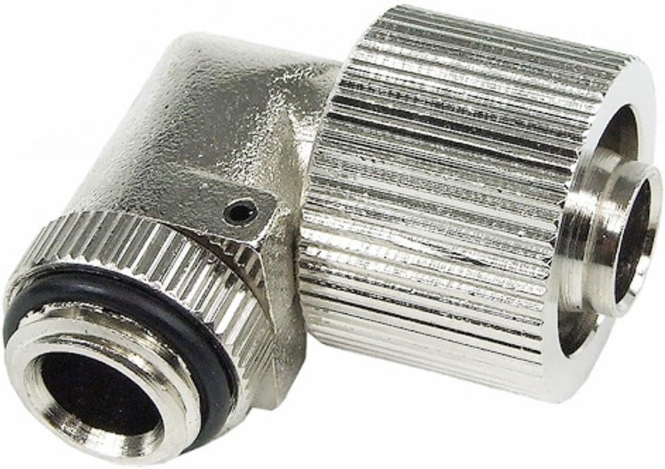 Aquatuning G1/4" to 10mm ID, 16mm OD Compact Compression Fitting for Soft Tubing, 90° Rotary, Silver Nickel
