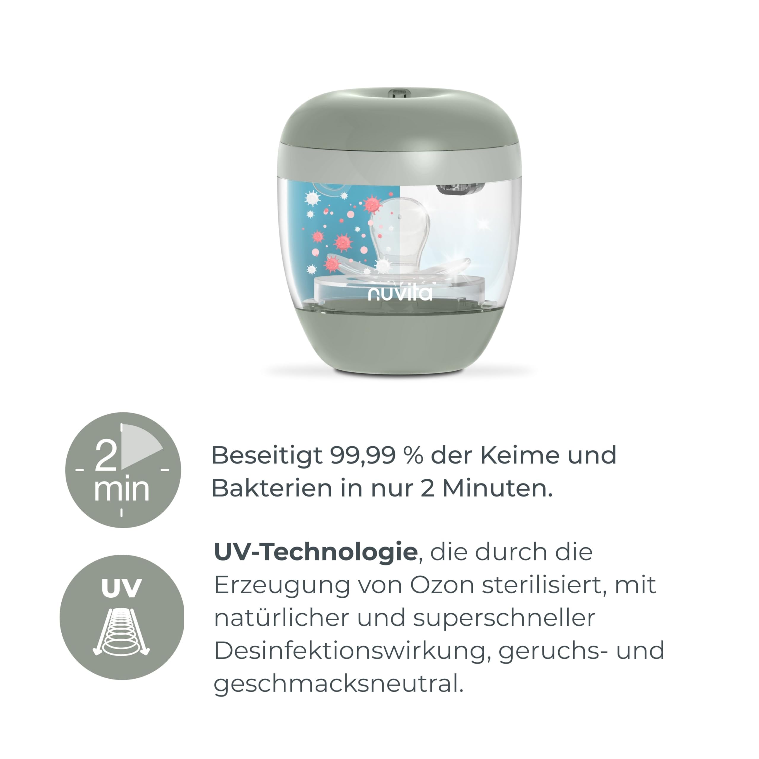 Nuvita 1556 | MellyPlus Tragbarer UV Sterilisator für Baby-Flaschen, Schnuller und Brustwarzenschutz,| tötet 99% der Keime | BPA-frei | Salbei Grün