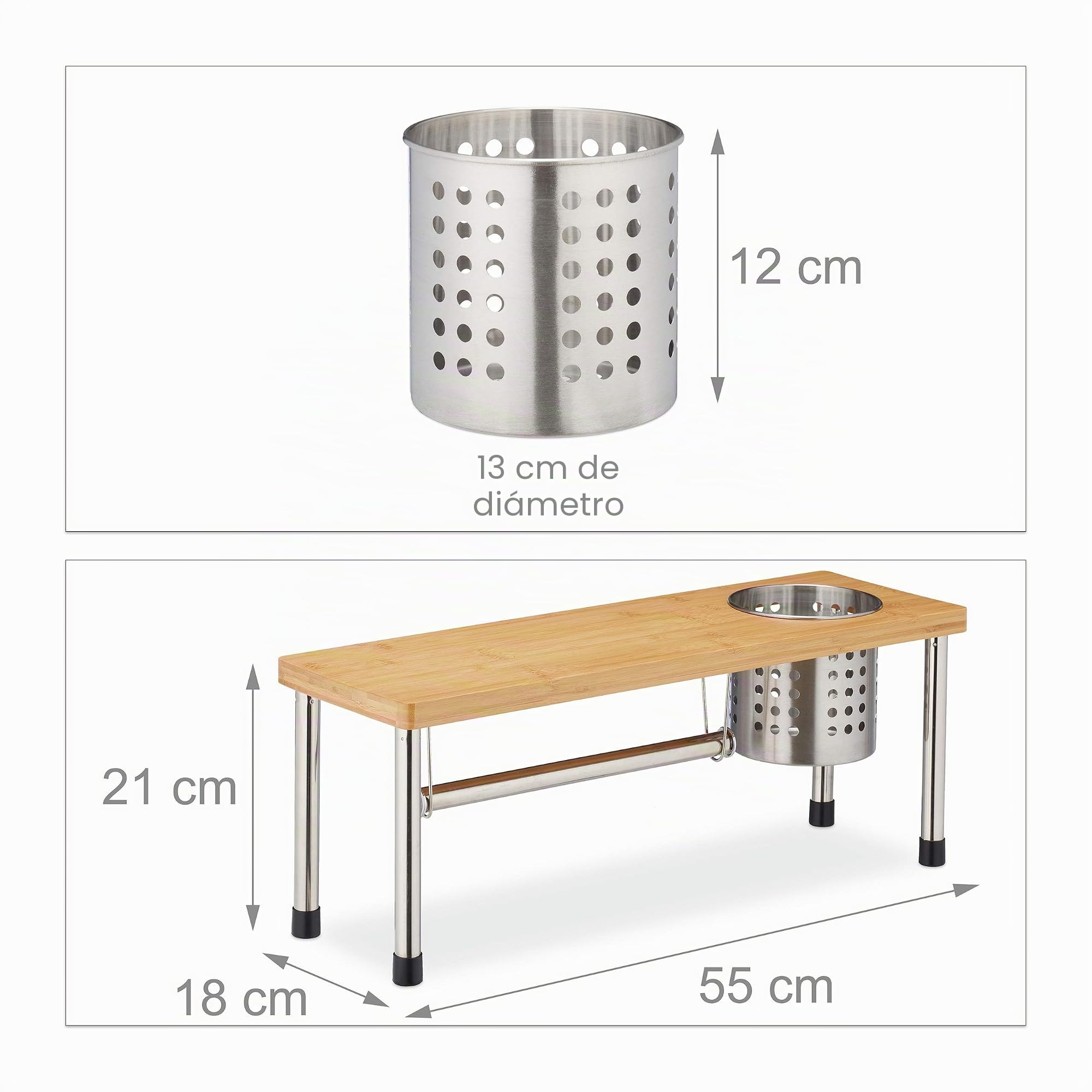 Relaxdays Organizador de Cocina, Soporte para Cubiertos, Especiero, Portarrollos, Bambú & Acero, Marrón & Plateado
