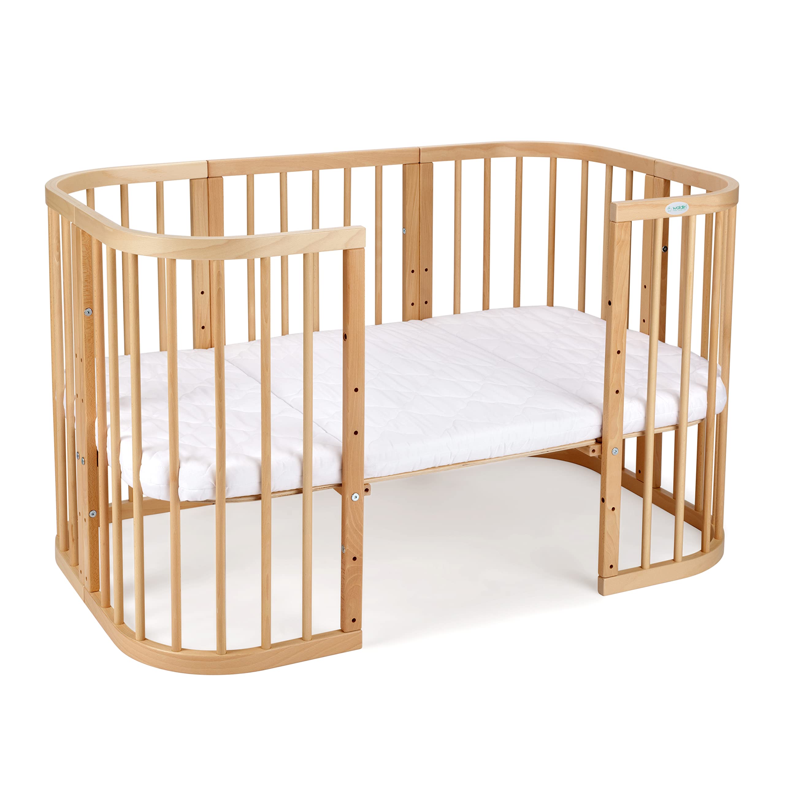 waldin Lettino in Legno 7in1, Materasso, Lettino Bambini Espandibile, Ventilato, Base Regolabile in 5 Posizioni, Set Tutto Completto, Naturale