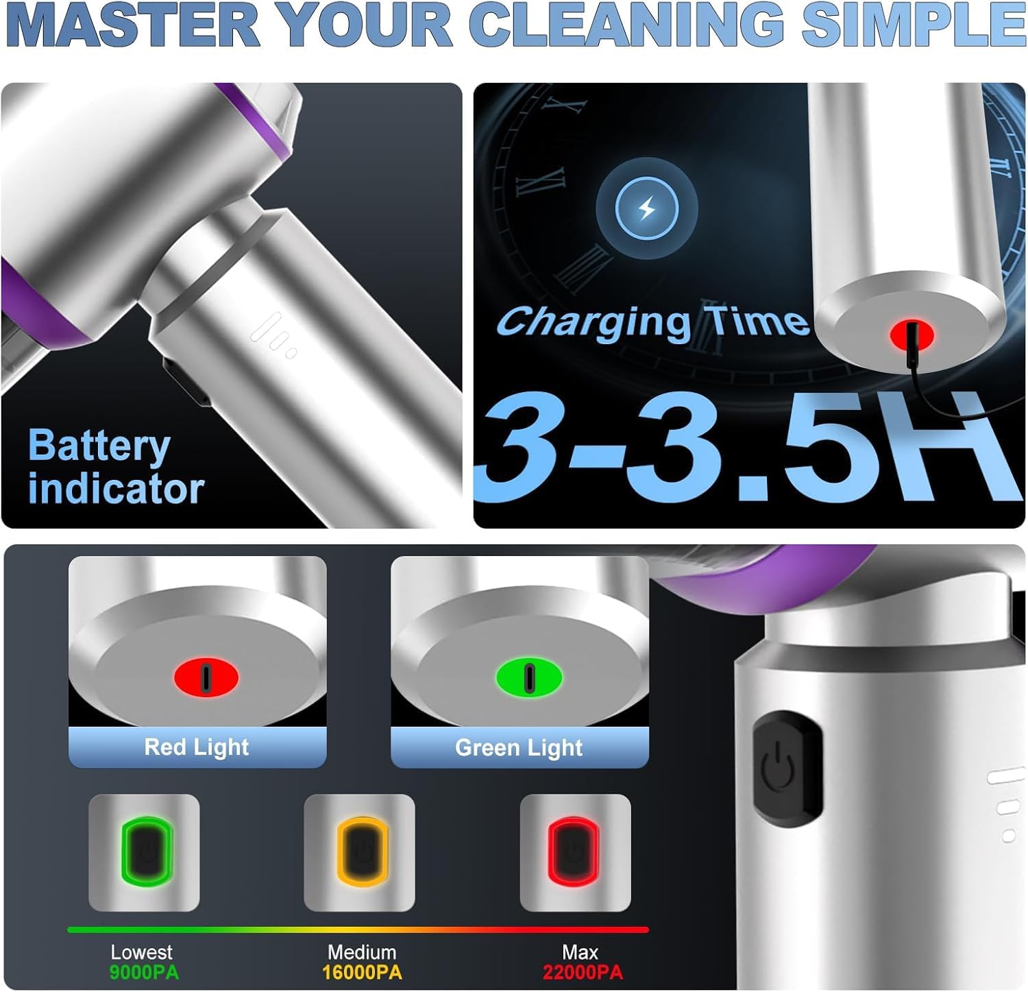 Handheld Car Vacuum Cordless, 22000PA Strong Suction Mini Vacuum Cleaner with 100,000 RPM Brushless Motor, 4-in-1 Portable Vacuum for Car Detailing, Camping, Home & Gift, Silver Purple - Image 2