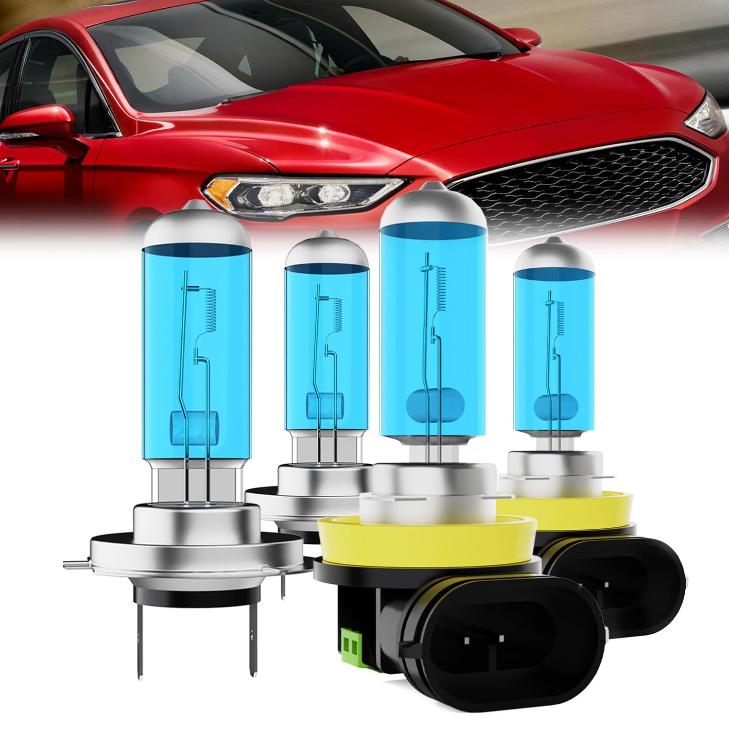 Headlight Bulbs Fit For Ford Fusion 2006-2018, H7 High Beam+ H11/H8/H9 Low Beam Halogen Bulb, 6000K White Light, Pack of 4