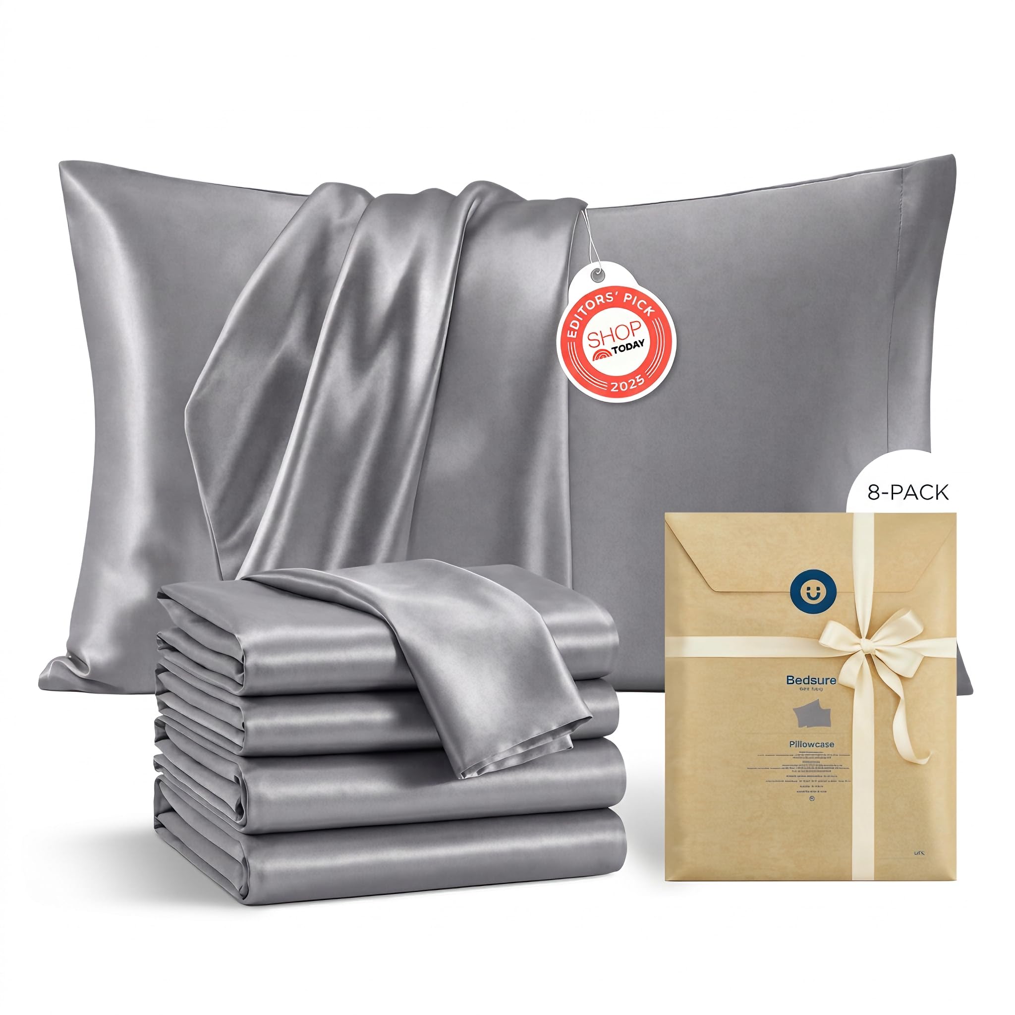 Bedsure Satin Pillowcase 8 Pack Similar to Silk Pillow Cases Standard Size, Pillow Case for Sleeping Women with Envelope Closure, Gifts for Women Men, Dark Grey, 20x26 Inches, 8pcs