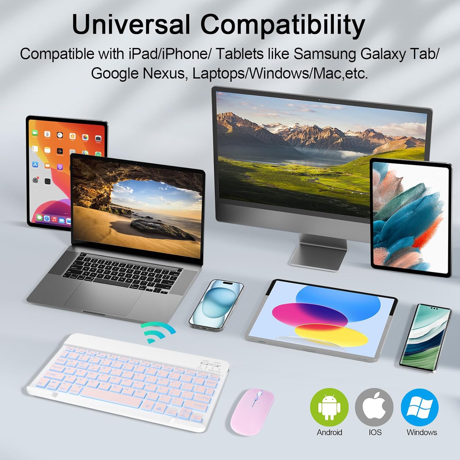 Wireless Keyboard And Mouse Combo, Rechargeable Bluetooth Keyboard & Mouse with 7 Color Backlit and 2.4 GHz Wireless USB Receiver, Compatible with Phone, iPad, PC, Laptop, Windows/iOS/Android, Pink