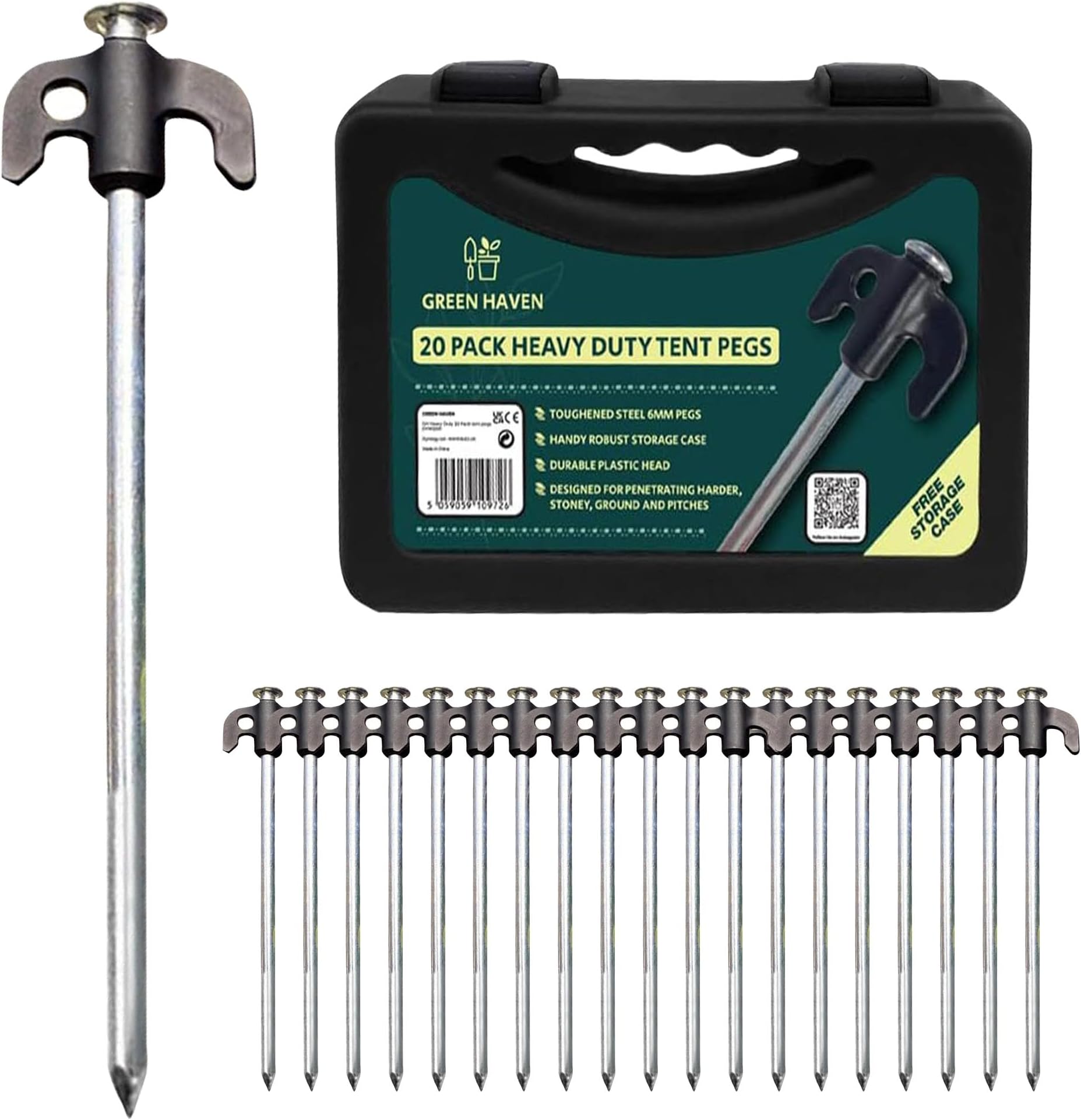 Green Haven 20 Pack Heavy Duty Tent Pegs - Durable Galvanised Steel Ground Stakes Rust-Resistant Tent Pegs Metal Heavy Duty for Camping, Gazebos, Hiking & Outdoor