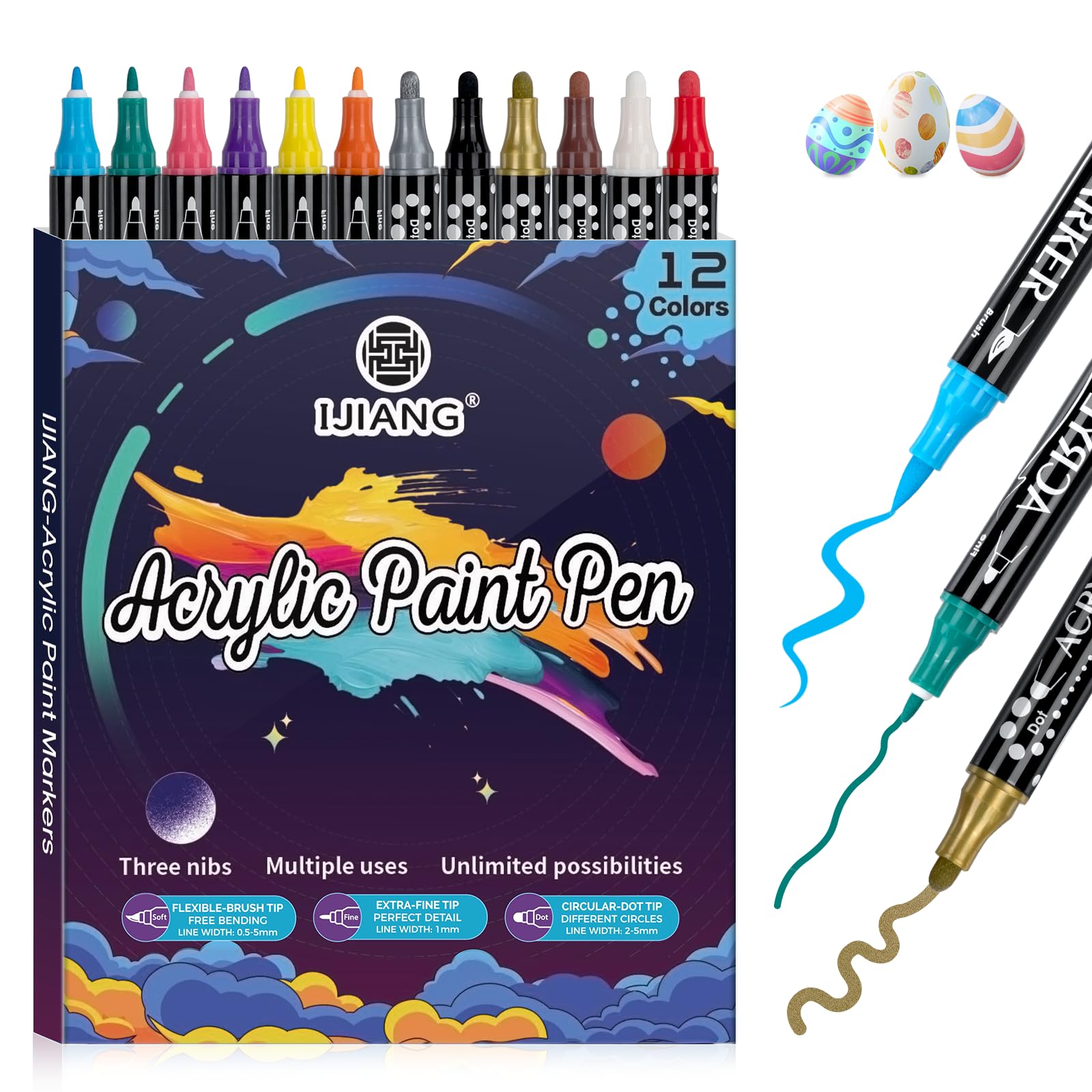 Nail Art Pens Dual Tip Set 12 Colors Acrylic Paint pen, Nail Paint Markers Quick-Dry Bright Long-Lasting, Nail Polish Pens for Nail Art Drawing Painting, Nail Point Dotting Liner, Nail DIY Design Kit