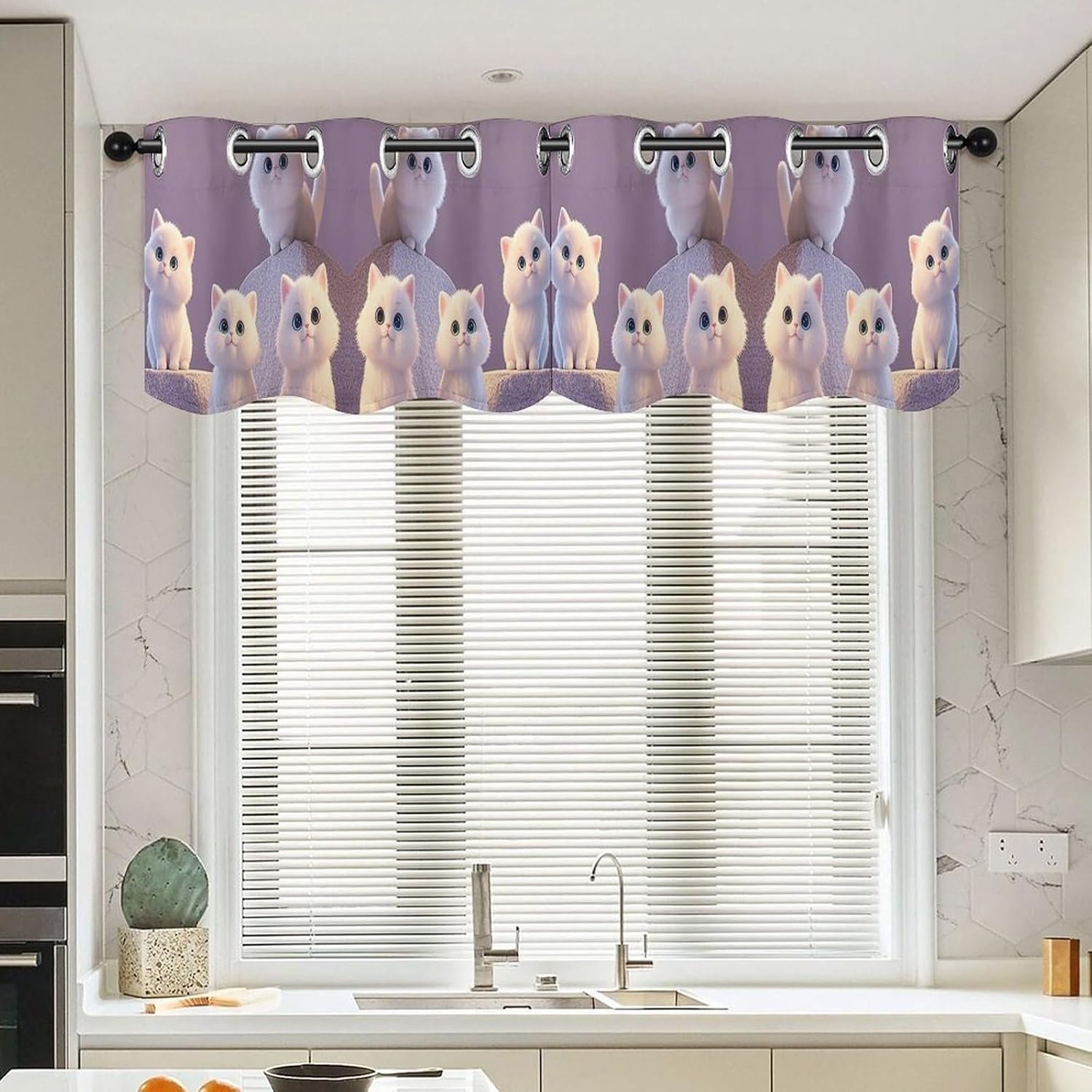 Cute and Adorable Cat Valance for Windows, 2 Pack Kitchen Curtains Modern Home Decor, Soft Blackout Window Curtains for Living Room & Bedroom, 18 X 52 Inch
