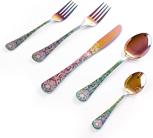 Miniatura 2 de Juego de cubiertos de acero inoxidable de 20 piezas para 4 personas, cuchillos, tenedores, cucharas, diseño de patrón vintage, pulido de espejo y