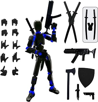 Assembly Completed 3D Printed Figure 5.54-inch Dummy13 with Weapon Expansion Set and Bracket, Full Body Mechanical Movable Toy, Desk Decoration. Black+Blue