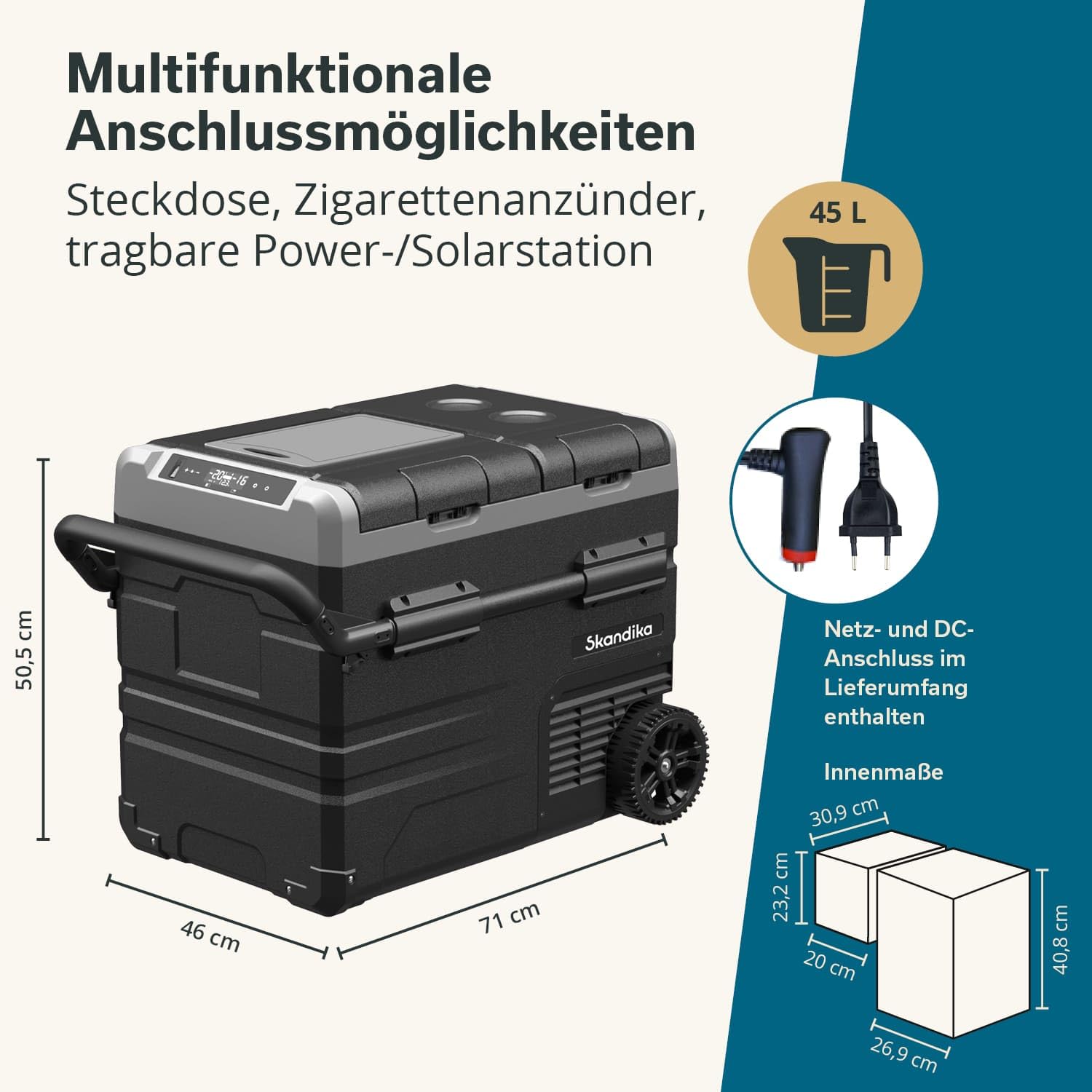 Skandika Auto-Gefrierbox 35 bis 55 L +10 ° bis -20 °C | Kompressor Kühlbox mit Trennwand, leise, Eco-Mode, mit 12 V Stecker oder Netzteil für Steckdose | Camping Kühlschrank für Auto, LKW, Bus, Camper