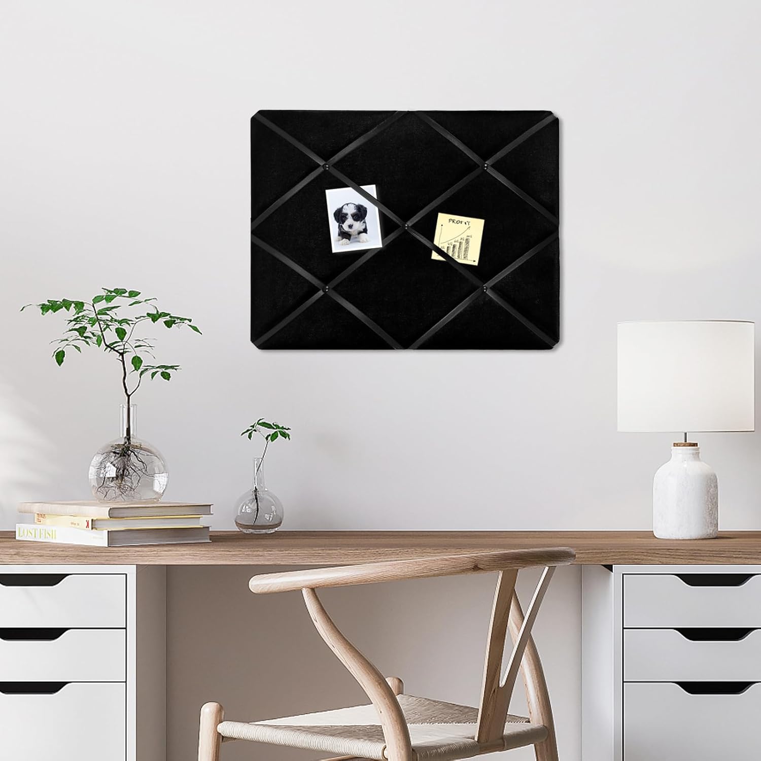 Black Fabric Memo Bulletin Board, 23.6x17.7 inches Velvet Pin Board for Wall, Vision Board Message Board Cork Board with Criss-Cross Ribbons for Home Office School Wall Decor(BK Velvet,4560)