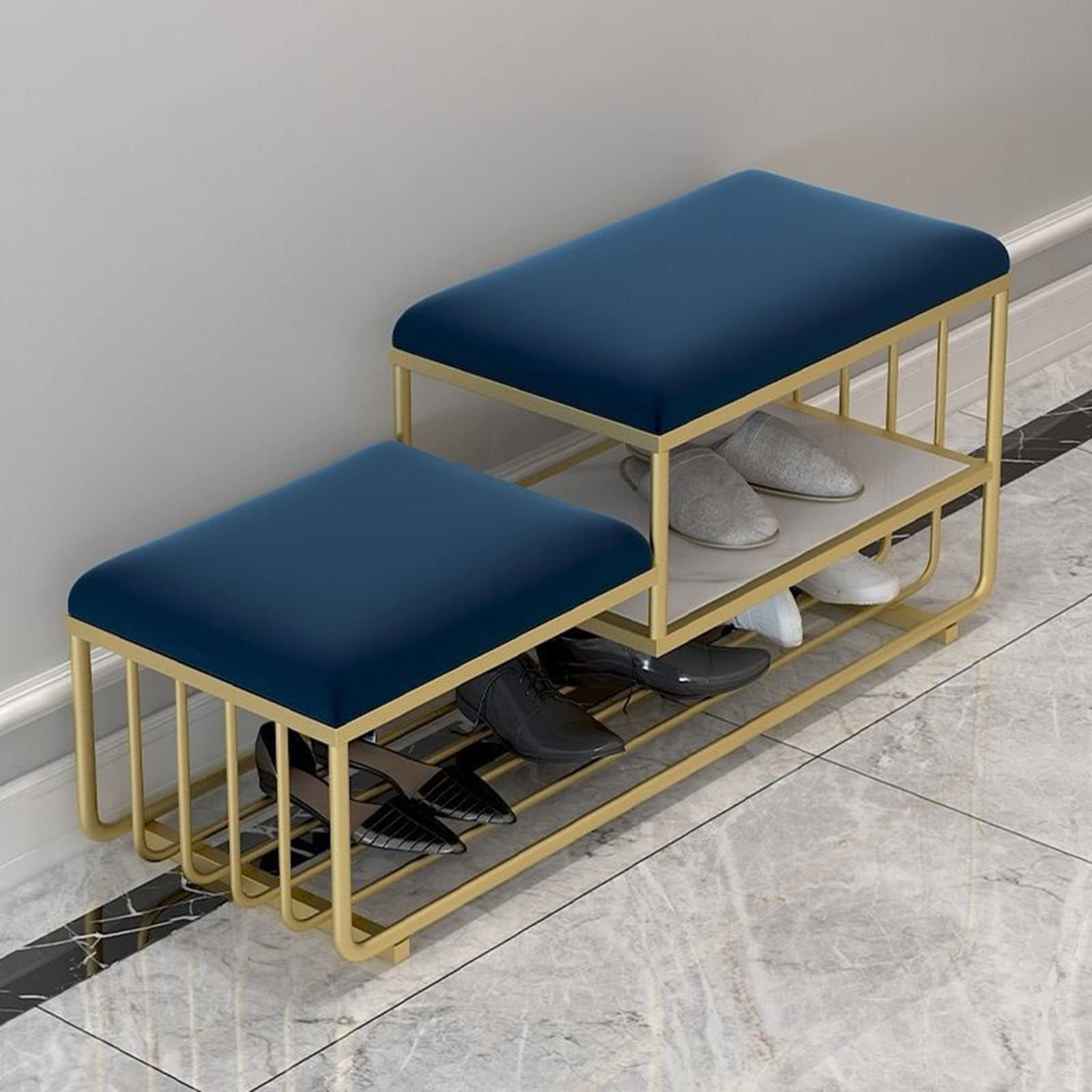 Tabouret à chaussures à 3 niveaux et banc en métal à assise rembourrée