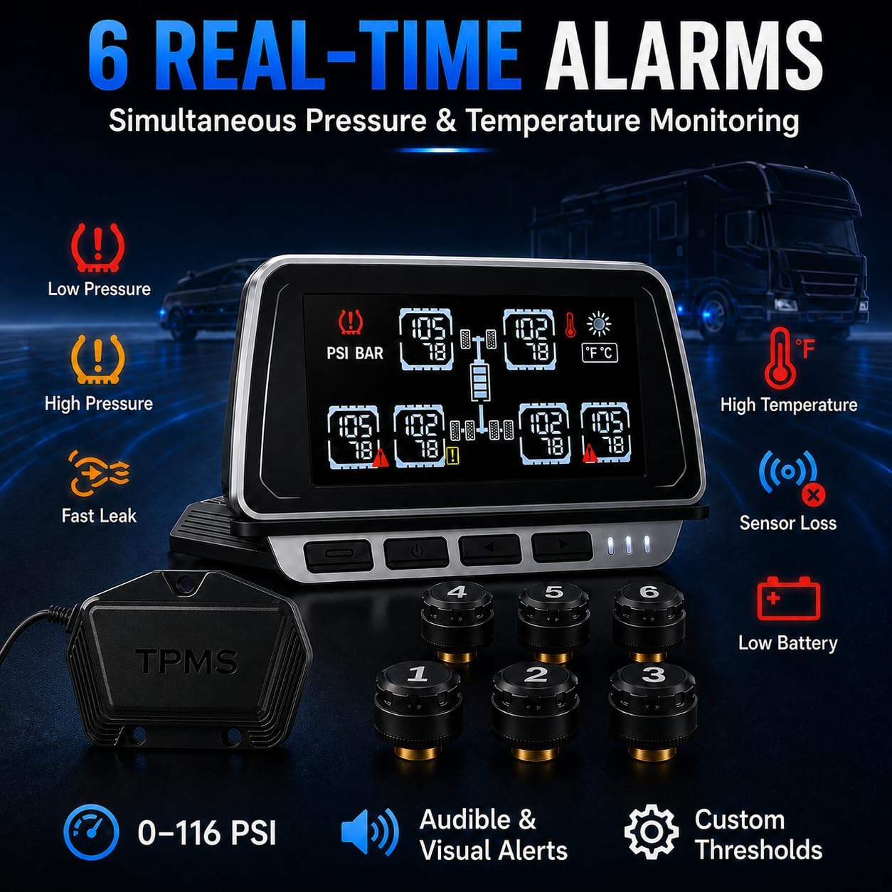 RV TPMS with Signal Repeater, 6 External Sensors Wireless Tire Pressure Monitoring System, 6 Alarm Modes 0-116 PSI Real-Time TPMS Monitor for Travel Trailer, Truck, 5th Wheel, Motorhome, Camper