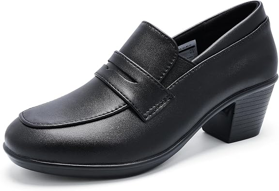 Womens 2026 Low Heeled Loafers - Comfortable Leather Slip-On Pumps with Chunky Block for Work, Casual and Office Business