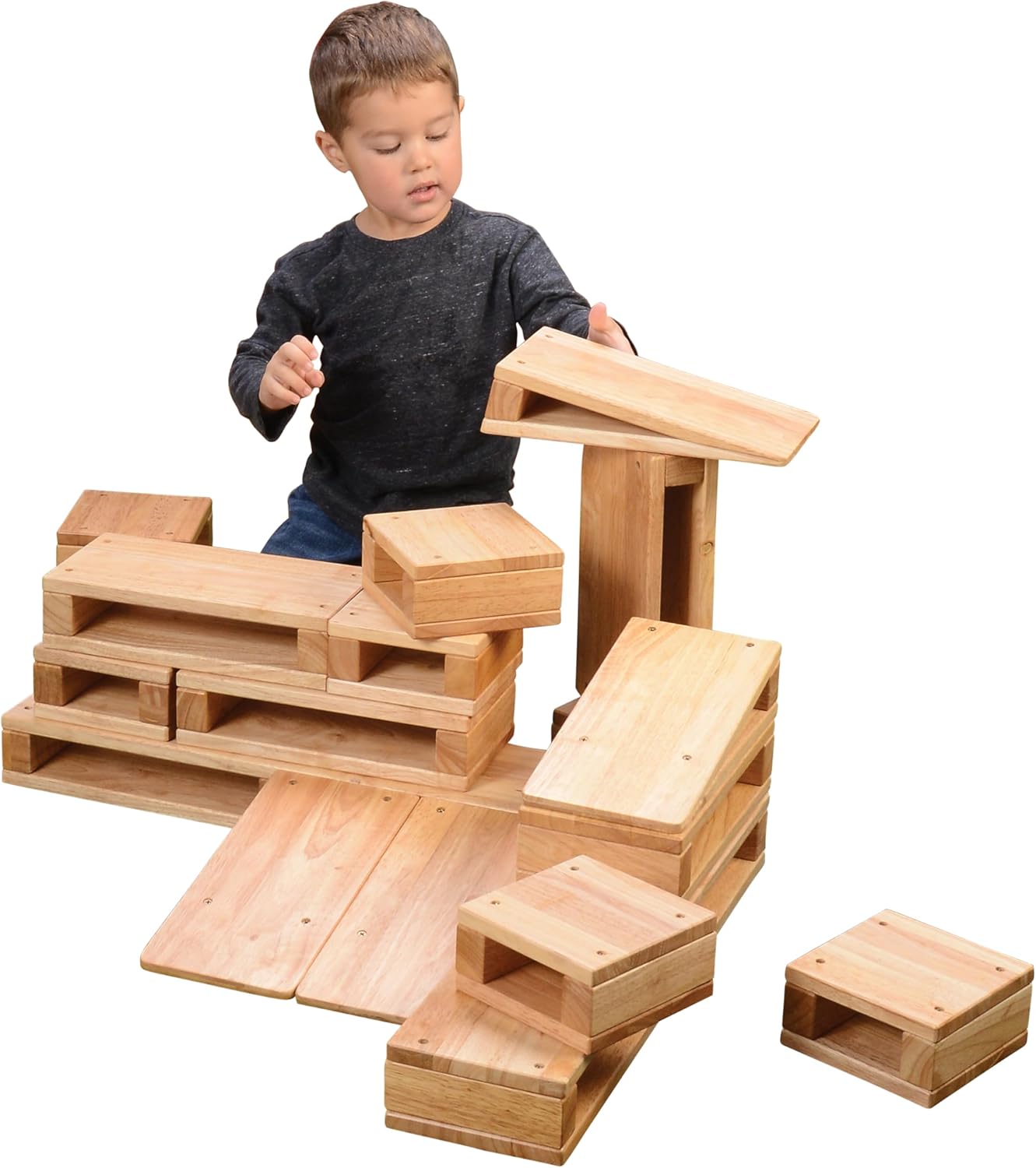 Constructive Playthings Junior Large Hollow Wooden Blocks for Toddlers and Kids Ages 2-7, Set of 18 Assorted Shapes, Solid Hardwood