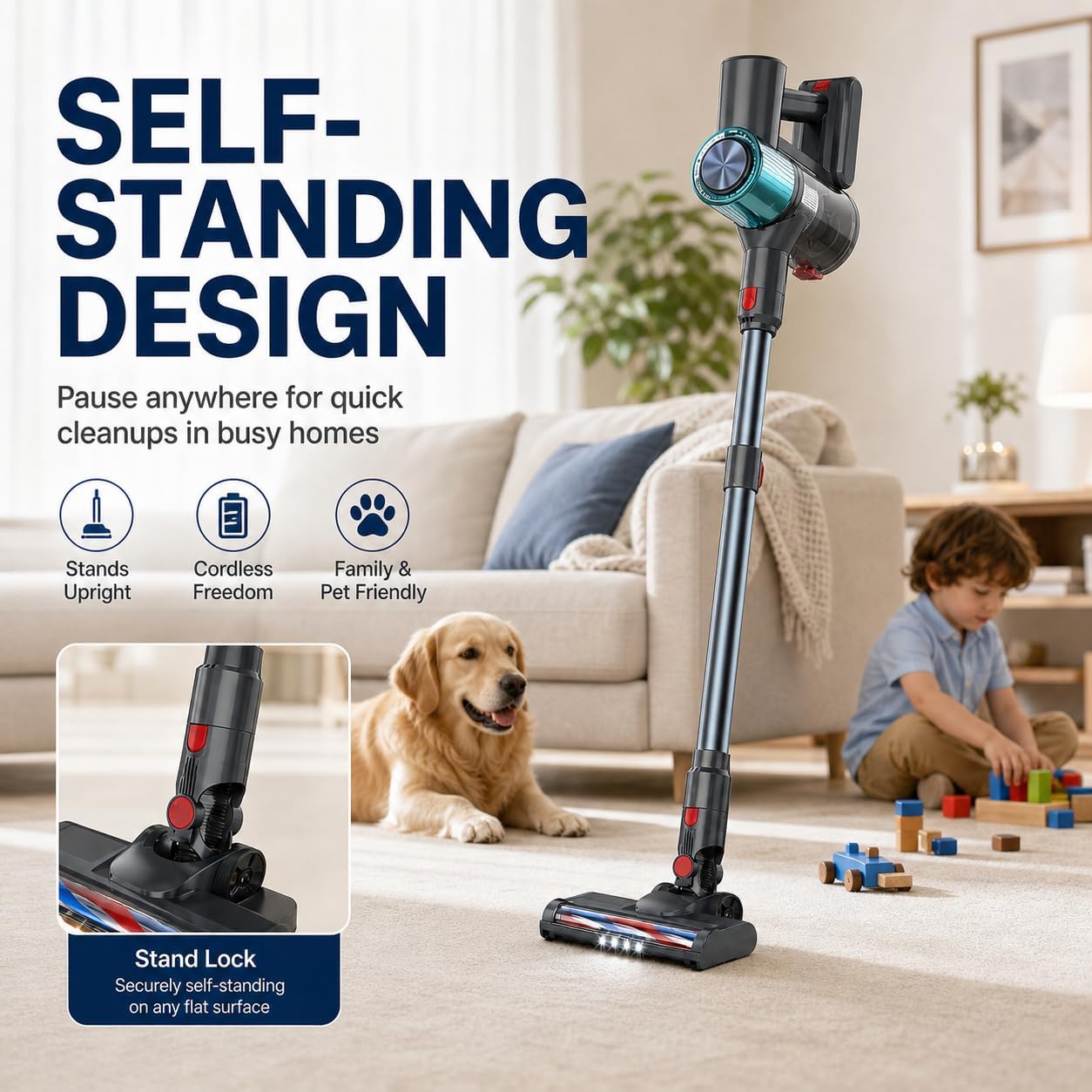 Cordless Vacuum Cleaner, Stick Vacuum for Pet Hair & Hardwood Floor, Self-Standing Rechargeable Vacuum with Smart LED Display, Lightweight Battery Powered Vacuum for Home, Dorm, & Dog Hair