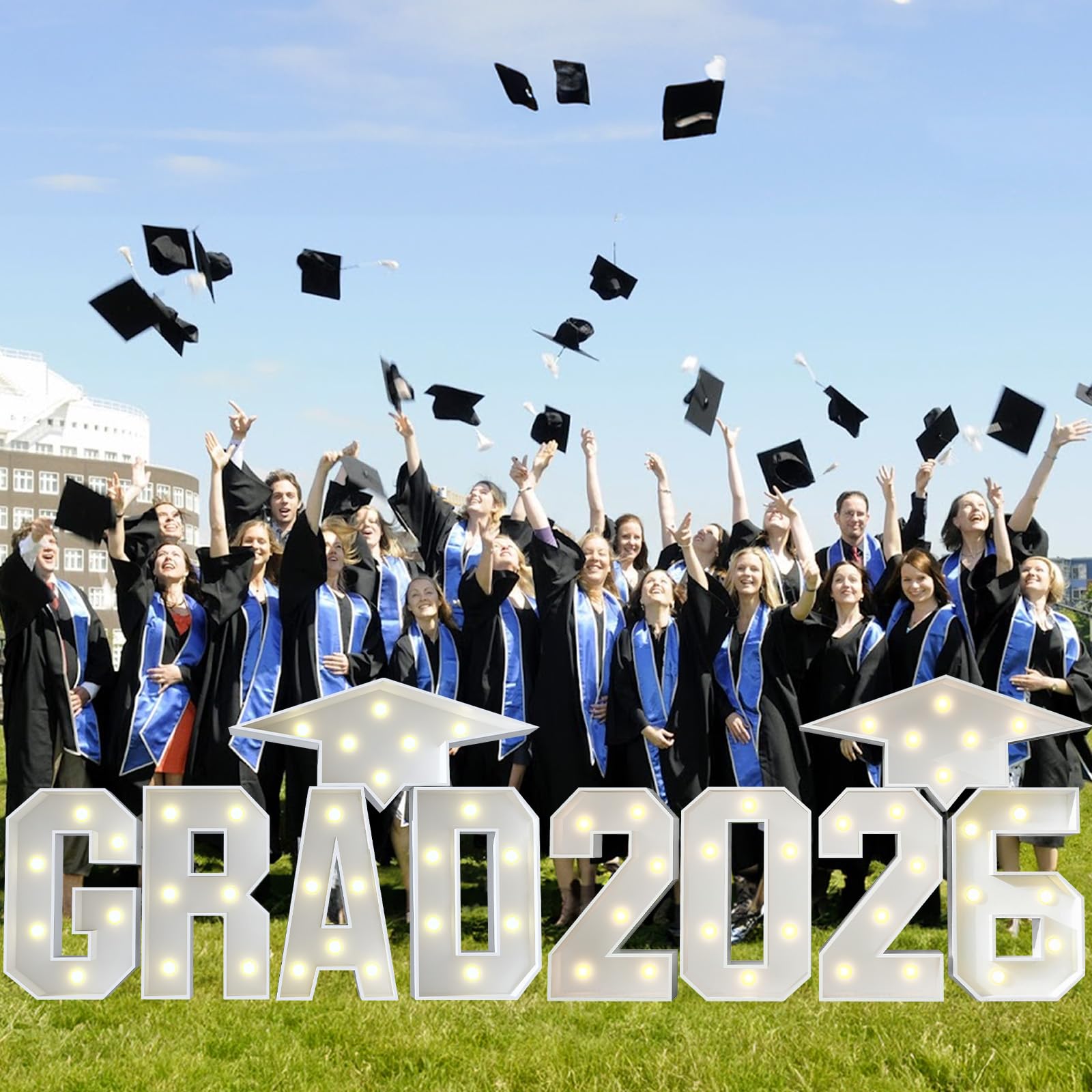 Marquesina de números iluminados 2026 de 3 pies para decoraciones de graduación con gorra de graduación, número de mosaico grande blanco con luces, marco de cartón precortado para fiesta de graduación