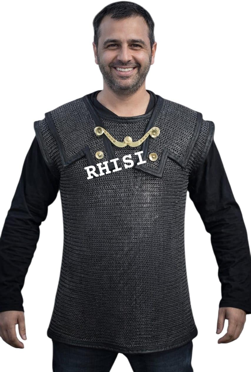 Blackened Roman Lorica Hamata Chainmail Armor, Mild Steel, 6mm 18 Gauge, Round Riveted with Washer, Men's Arming Wear
