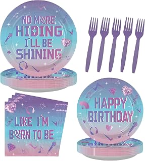96 Pcs Kpop Birthday Party Decorations for Girls, Serves 24 | Kpop Idol Style Plates and Napkins Magical Music Movie Theme Tableware Set for Girls Fans Purple Birthday Party Supplies