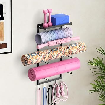Yoga Mat Holder Wall Mount, 4-Tier Yoga Mat Holder with Shelf