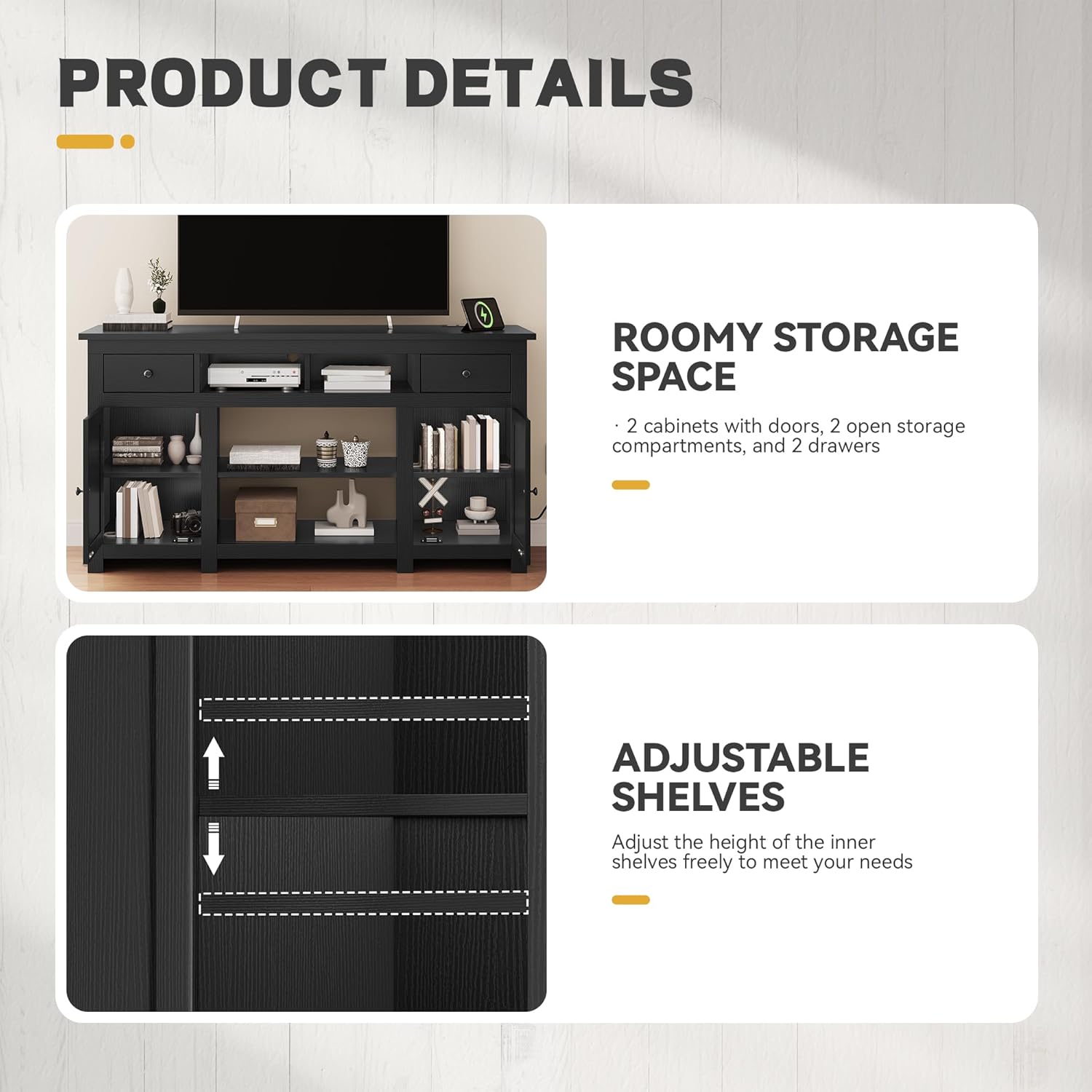 YITAHOME Farmhouse TV Stand for 65-Inch TV, Entertainment Center with Storage Cabinets & Drawers, TV Console for Living Room, Black - Image 5