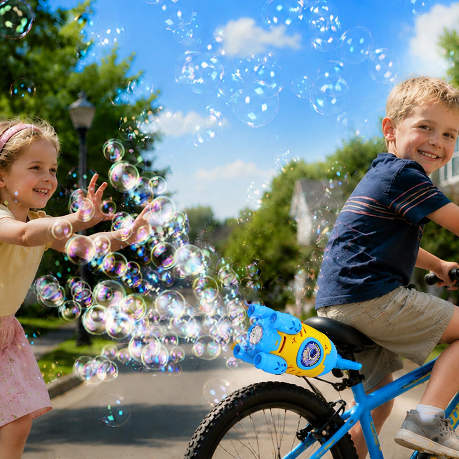 Photo 1 of AIERSA Bike Bubble Machine for Kids?Rechargeable Automatic Rocket Blower with Lights Remote Control Handheld or Bike Mounted Outdoor Summer Toy for Toddlers Boys Girls