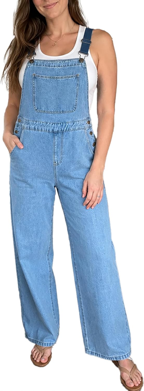Womens Denim Overalls Wide Leg Loose Fit Baggy Bib Jumpsuit Casual Straight Leg Jeans Romper with Pockets
