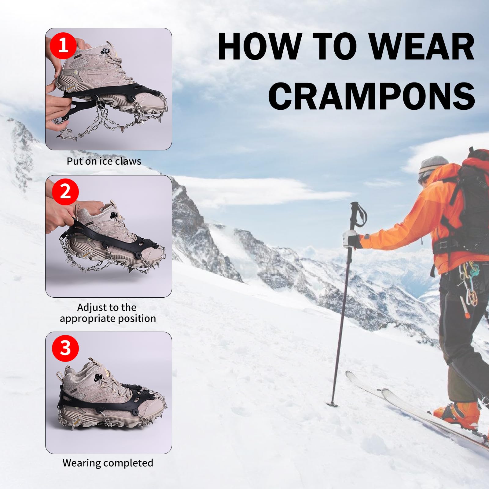 Crampons à glace antidérapants à 24 pointes pour chaussures et bottes avec pointes en acier inoxydable et silicone pour homme et femme pour randonnée, jogging, escalade, pêche