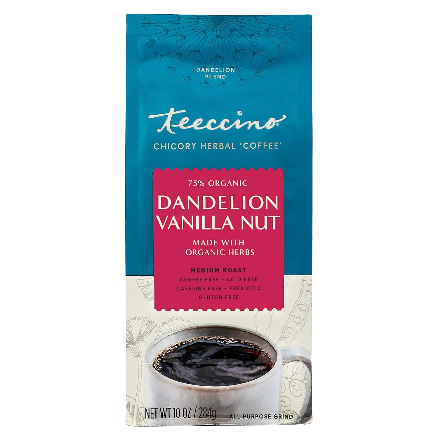 Teeccino Dandelion Root Herbal Coffee - Vanilla Nut - Caffeine-Free Coffee Alternative with Prebiotics, Gluten Free, Acid Free - Medium Roast, 10 oz