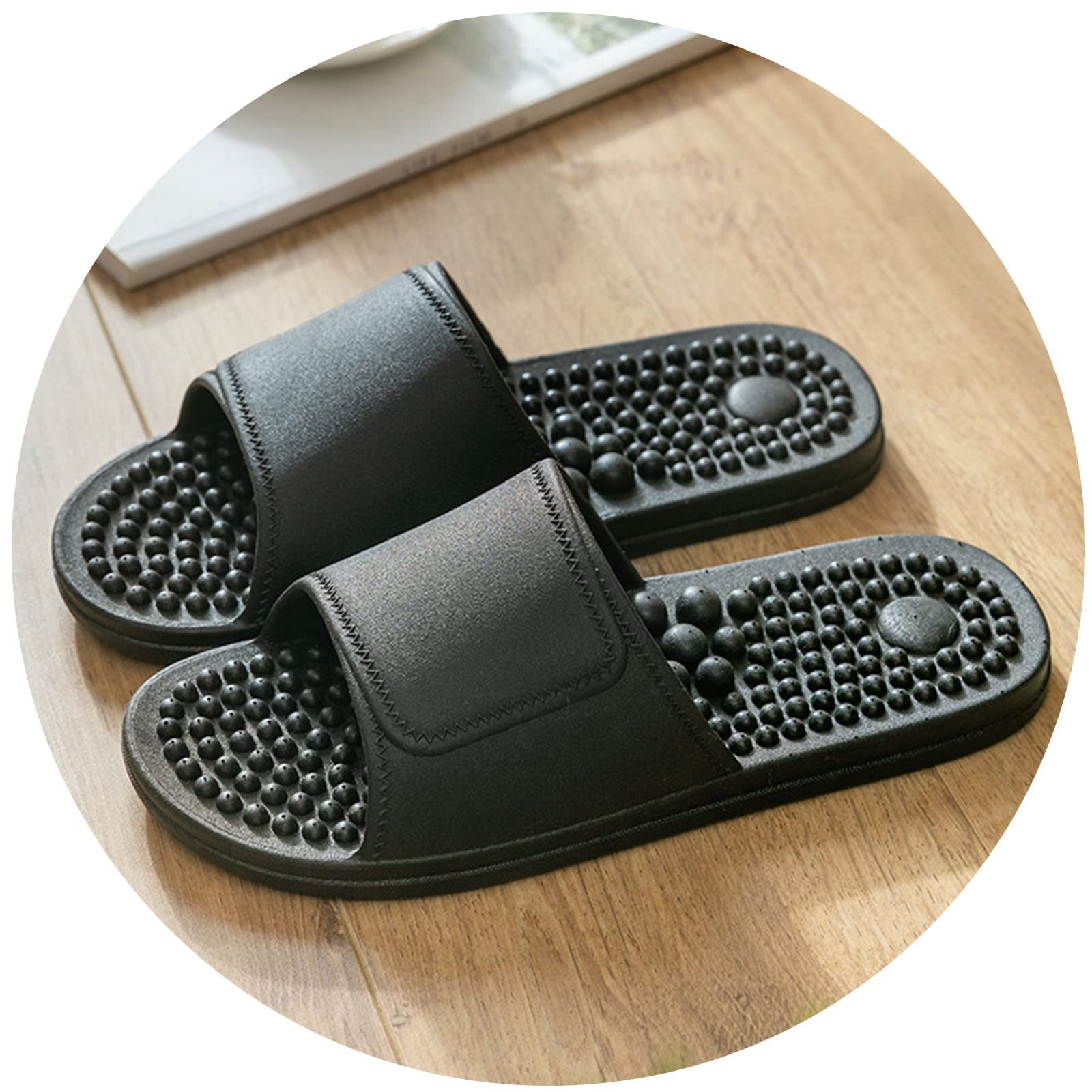 DRIMEE Bathroom Slippers Shower Slipper Foot Massager, Massage Slipper Sandals Flip Flops Acupuncture Massage Slippers, Plantar Fasciitis Support, Relaxation Gifts for Women,Black,US7.5/EU39