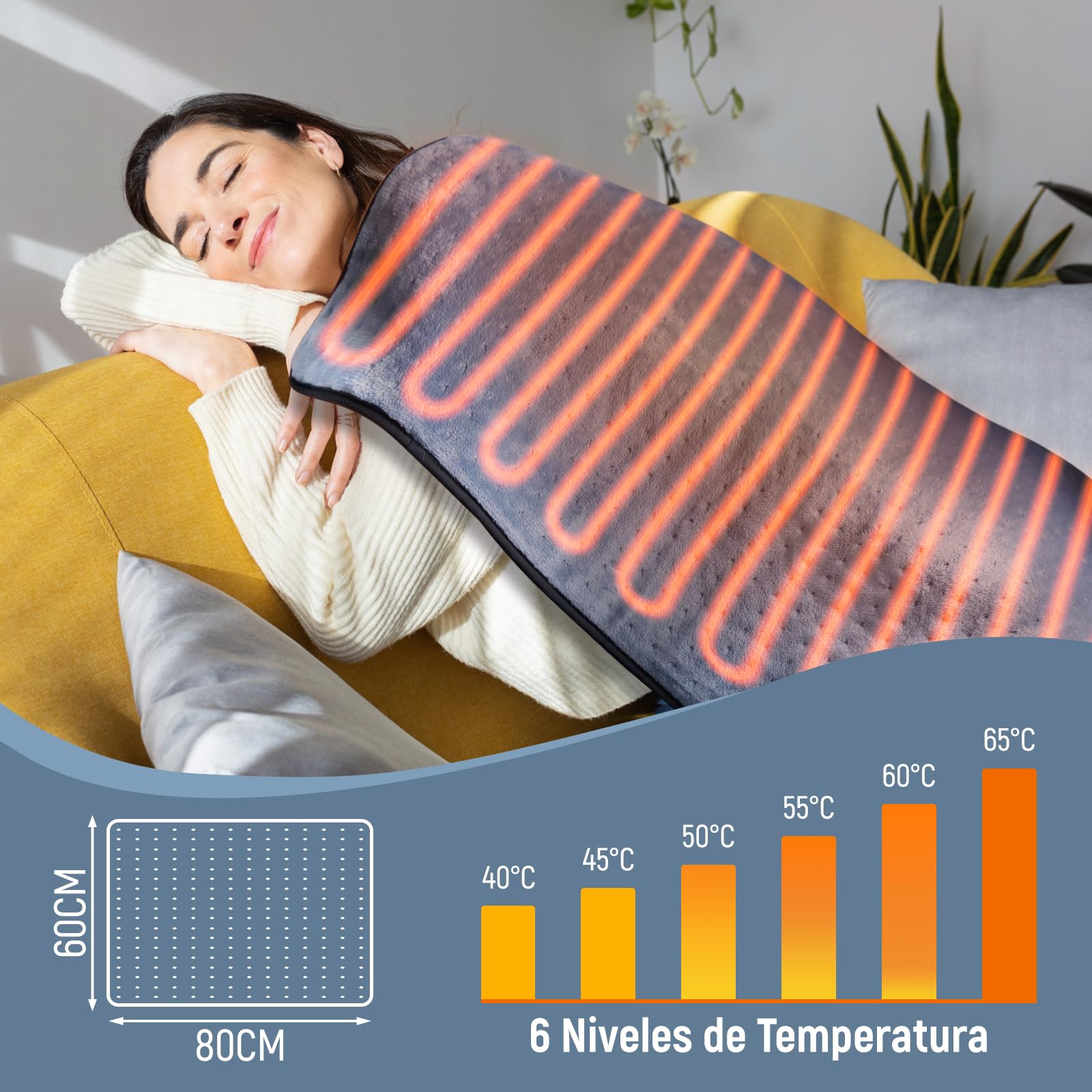 Manta Eléctrica, 60 x 80 CM Almohadilla Térmica Eléctrica para Espalda, Lumbar, Pierna, con Función de Apagado Automático y 6 Niveles de Temperatura, Lavable a Máquina Esterilla Electrica