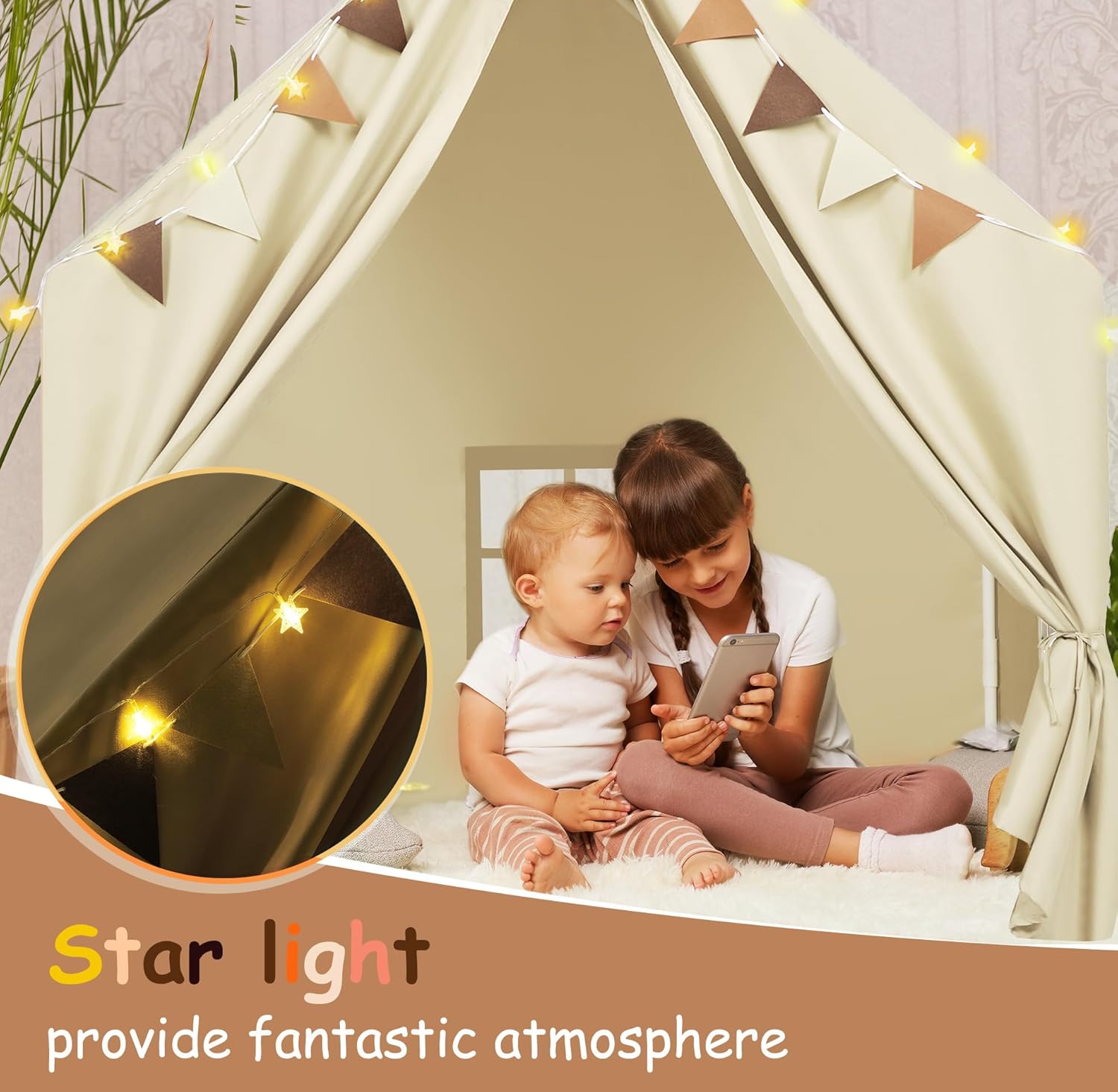 Kids Play Tent with Padded Mat & Star LED Lights for Ages 4-8-10 Year Old Girls Boys, Large Cute Indoor Play Room House Tent for Toddler Children (Beige)