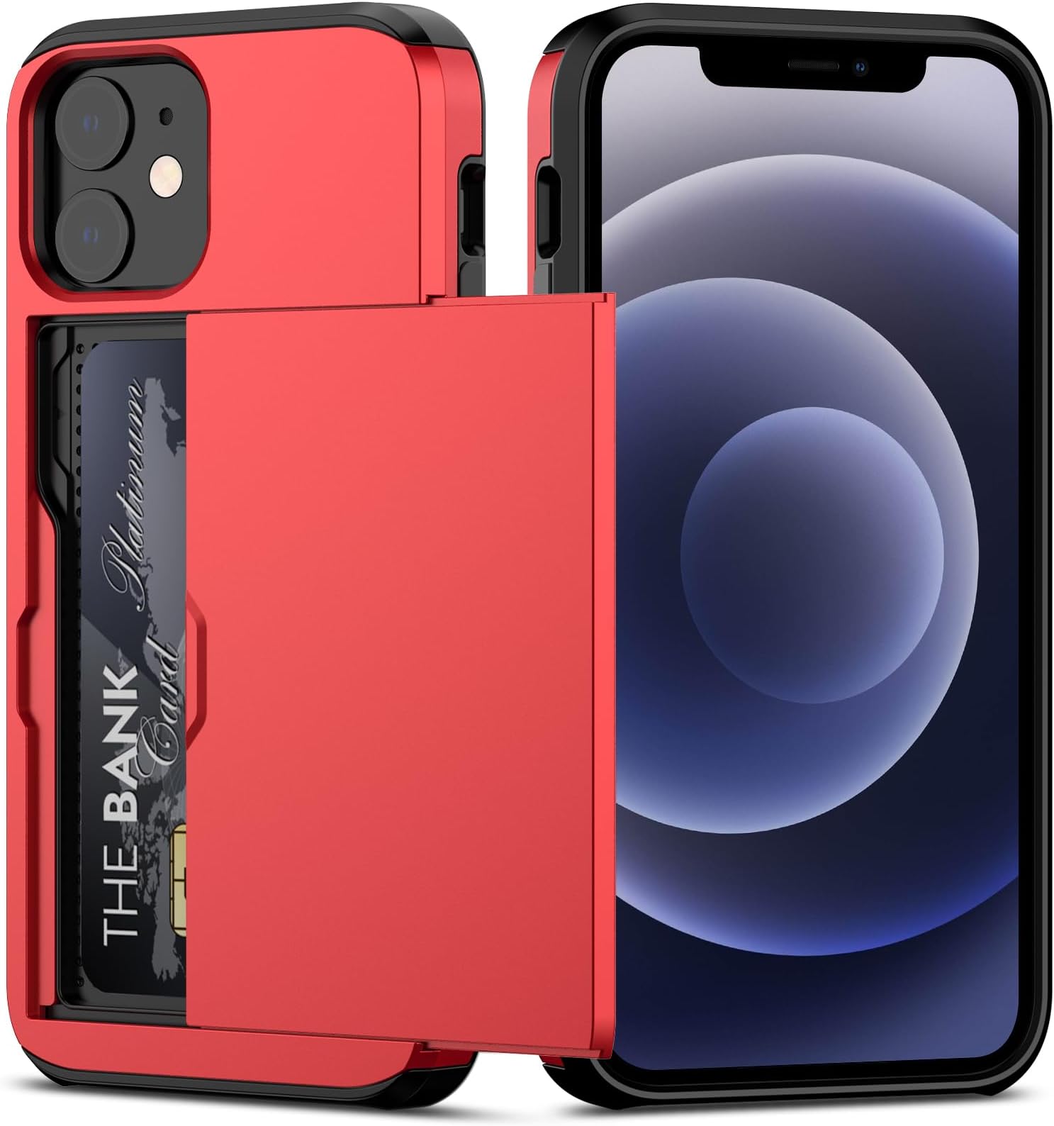 for iPhone 12 Mini Case with Card Holder Heavy Duty Protective Dual Layer Shockproof Hidden Card Slot Slim Wallet Case for iPhone 12 Mini for Men&Women(Red)