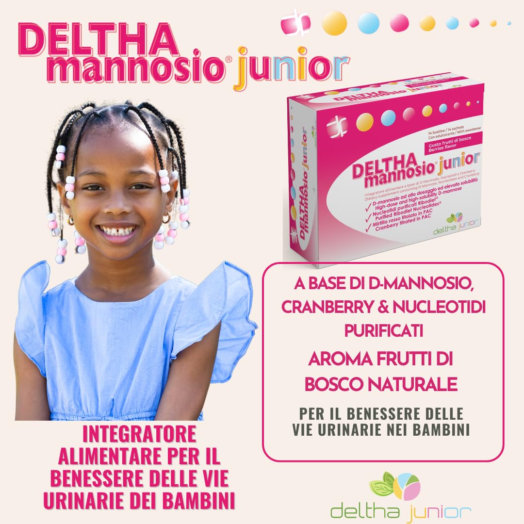 DELTHAmannosio Junior D Mannosio alto dosaggio 500mg Mirtilli rossi e nucleotidi purificati Made in Italy per le vie urinarie dei bambini