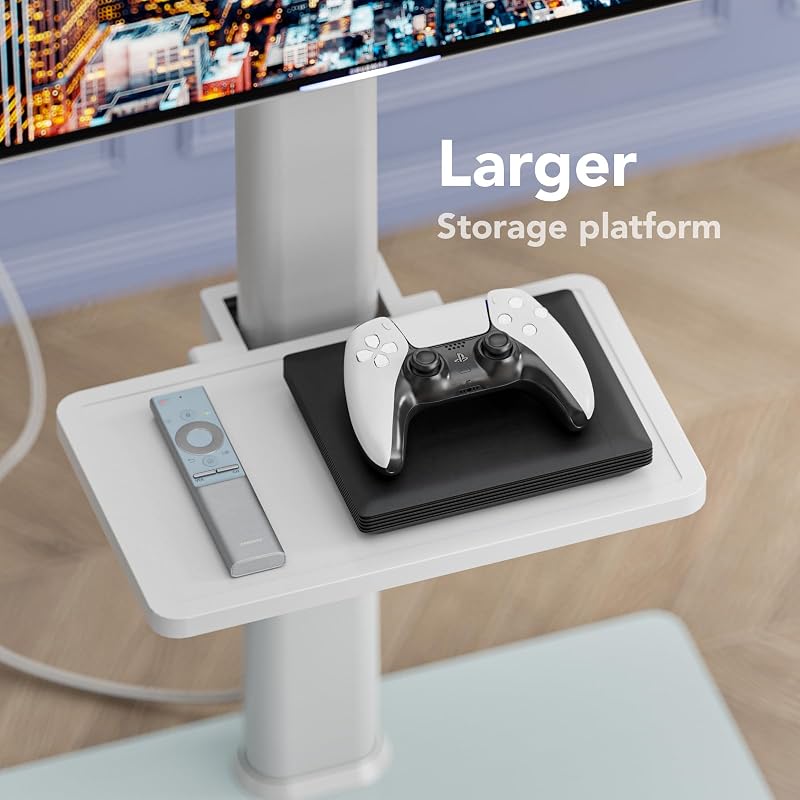 AX WABER Floor TV Stand with Power Outlet& Shelf, Universal TV Stand Mount for 27-65 inch TV up to 88lbs, 70 Degree Swivel 9 Level Height Adjustable with Tempered Glass Base for Bedroom, Office White image 6
