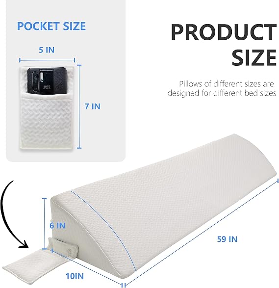 Queen Bed Wedge Pillow Stopper, Mattress Gap Filler Wedge Triangle Wedge Pillow for Headboard Gap, Side Pocket Position Adjustable White 60 x 10 x 6 Inches