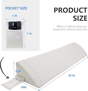 Queen Bed Wedge Pillow Stopper, Mattress Gap Filler Wedge Triangle Wedge Pillow for Headboard Gap, Side Pocket Position Adjustable White 60 x 10 x 6 Inches